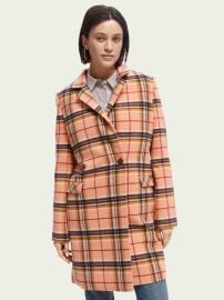 tailored single breasted wool blended coat in Winter Peach Check at Scotch & Soda